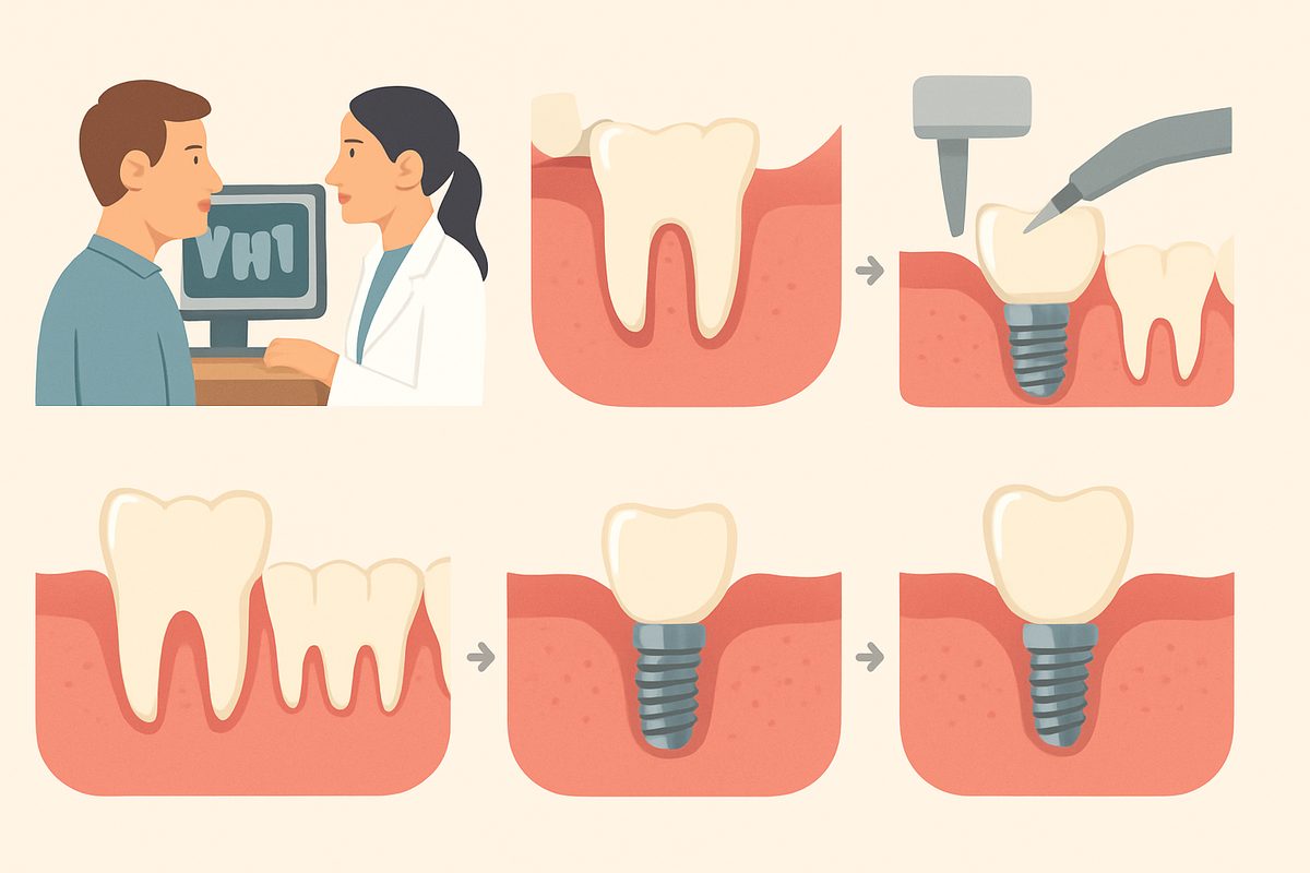 An infographic detailing the steps of an implant tooth procedure, from initial consultation and imaging, to implant placement, healing, and final crown restoration. No text on the image.