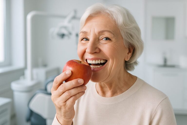 Image of a smiling senior woman with implant supported dentures confidently eating an apple. The background should be a bright and modern dental office. No text on image.