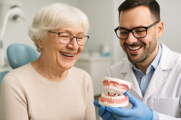A smiling senior woman is seen talking happily with her dentist about implant-supported dentures, both are looking at a set of dentures. No text on the image.