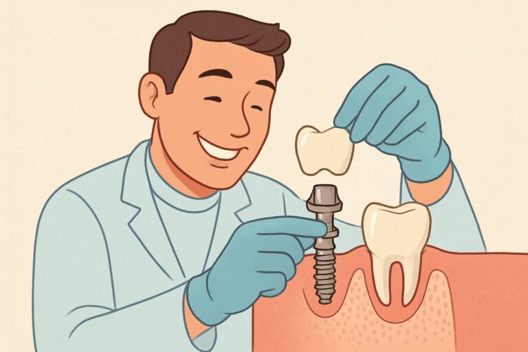 Illustration of a dentist smiling while placing a crown onto a dental implant. No text on the image.