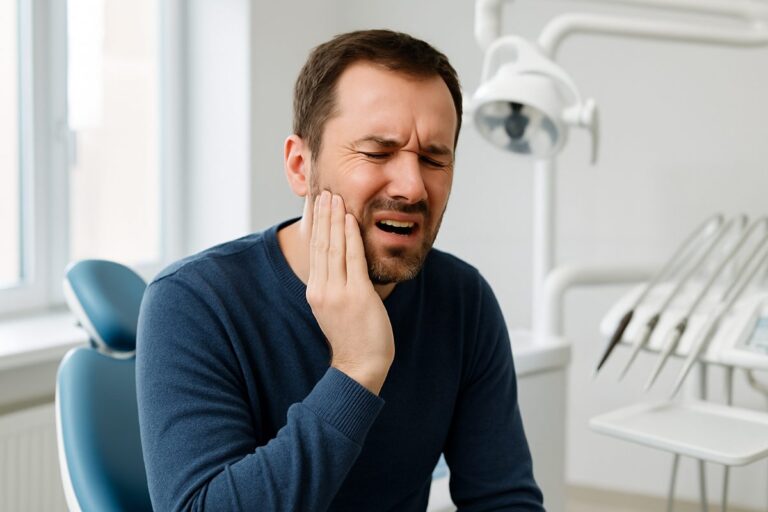 A person with a missing tooth looking into a mirror with a sad expression. A thought bubble appears with the text "I need a dental implant".
