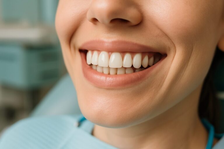 Image comparing four different types of "fake teeth"; dentures, crowns and bridges, dental implants, and temporary aesthetic fillers. No text on the image.