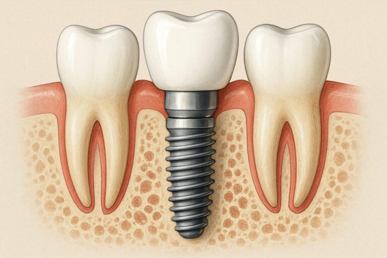 Close up animated image of the three main parts of a tooth implant: the implant post, the abutment, and the crown. The post should be in the gums. The crown of the tooth should be white and shiny. No text on image.