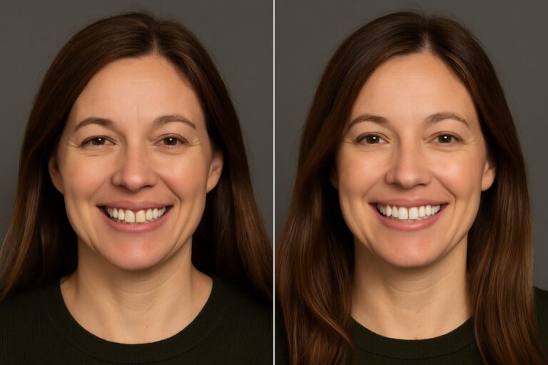 A beautiful smile makeover patient smiling, highlighting before-and-after results achieved by a cosmetic dentist in Aurora, CO. No text on image.