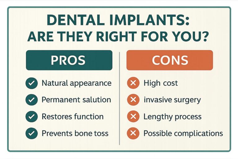 A side-by-side comparison graphic outlining the pros and cons of dental implants, with the header "Dental Implants: Are They Right For You?". No other text on the graphic.