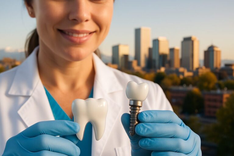 A close-up image of a dentist holding a dental implant next to a tooth, with the Aurora, Colorado skyline subtly visible in the background. No text on the image.