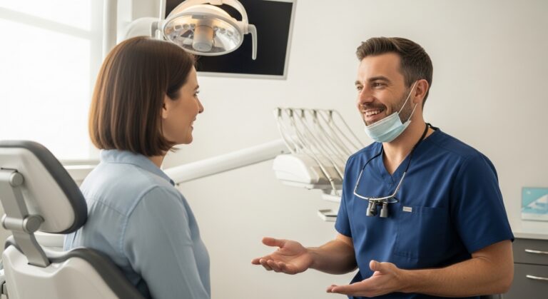 A patient meeting a dentist in a modern dental clinic