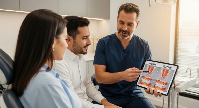 Dentist consulting with patient in a modern dental office.