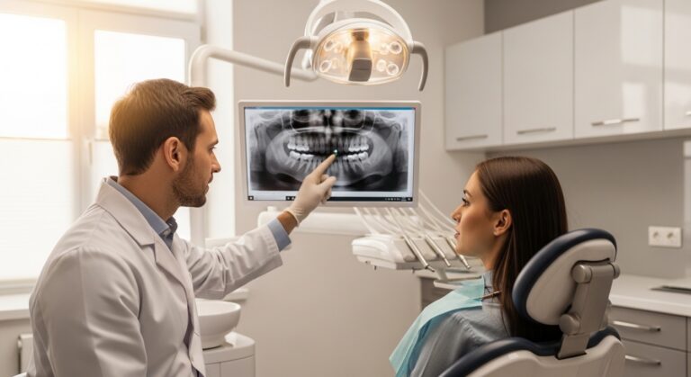 Dentist consulting with patient about tooth extraction in modern clinic