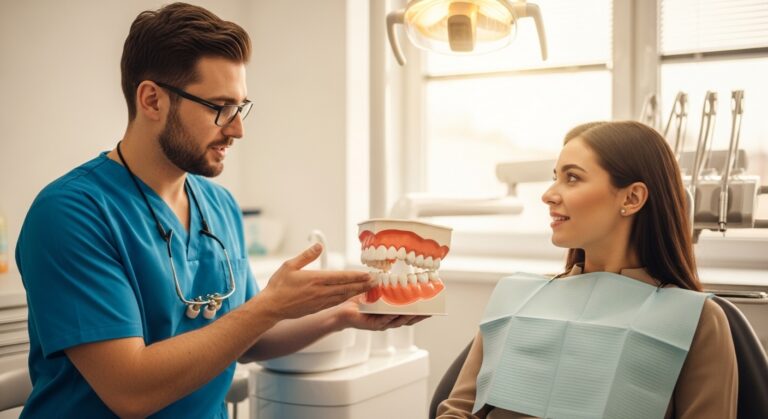 Dentist consulting patient about oral health in a modern clinic