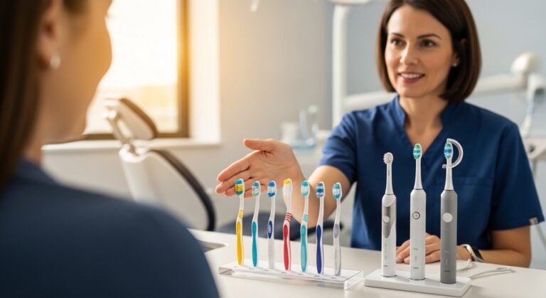 Various toothbrush options including manual and electric in a dental setting
