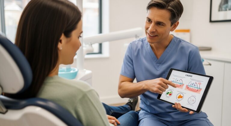 Dentist explaining oral health to a patient during a consultation.