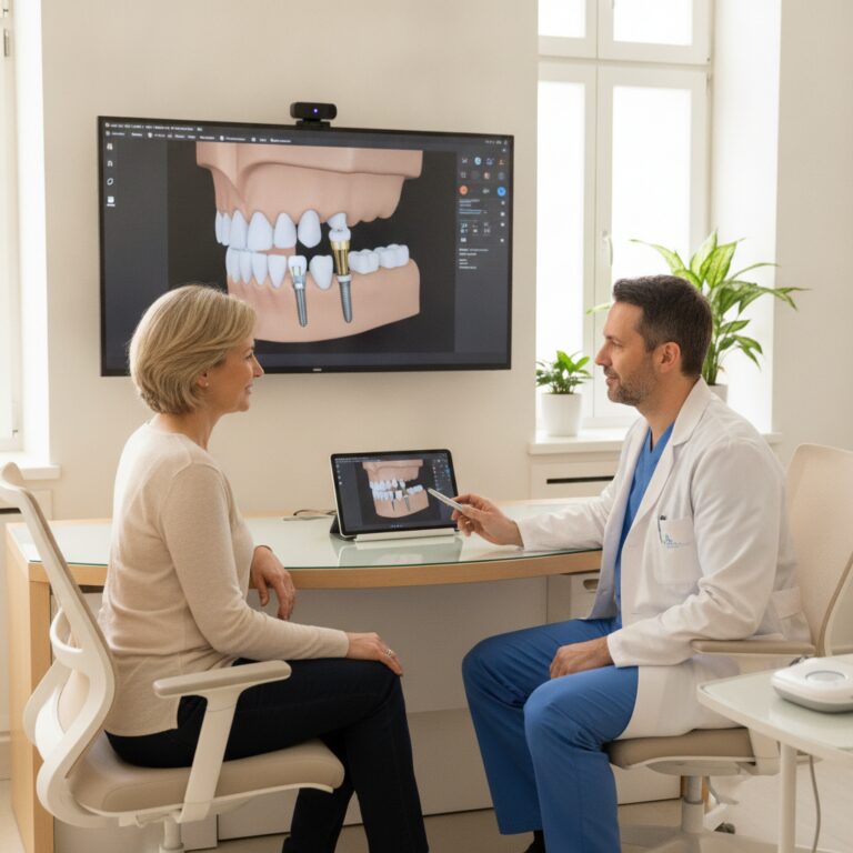 Patient consultation with dentist discussing dental implant crowns