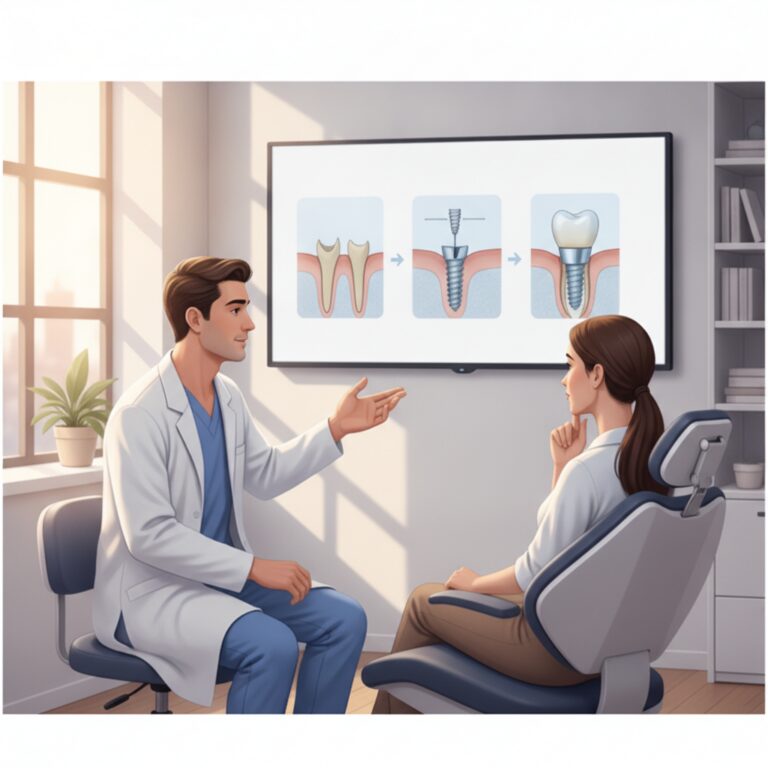Dentist discusses dental implant diagrams with patient in office