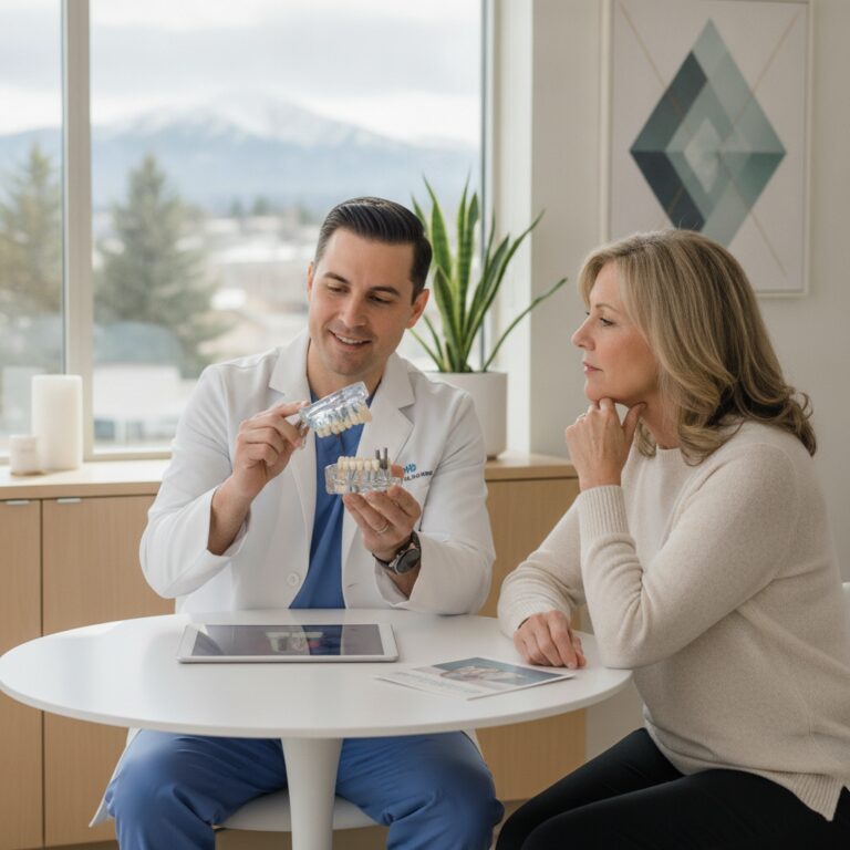 Dentist discussing dental implants with a patient in modern clinic